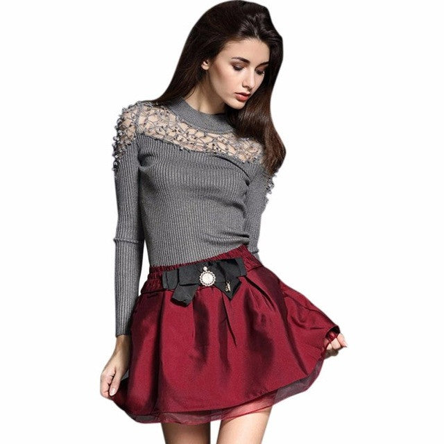 2017 New Fashion Casual Spring Autumn Solid Color Women Sweater Slim High Collar Long Sleeve Sexy Lace Knitting Sweaters
