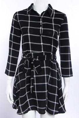 Black and white plaid lapel sleeve bandage dress with belt