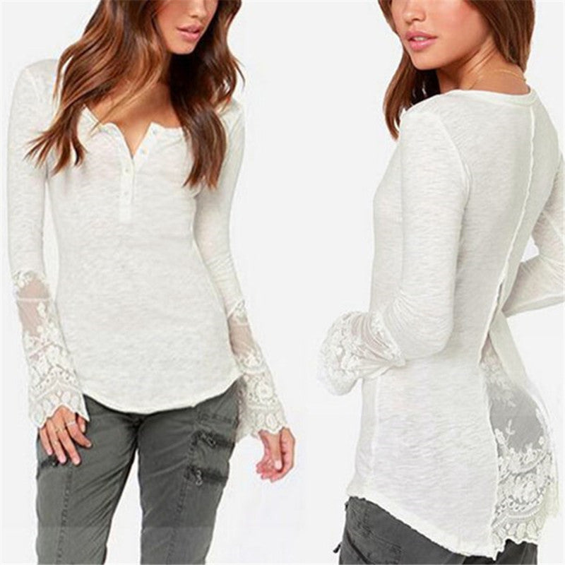 Street knitted gauze stitching slim  split swallowtail lace lady's blouse shirt