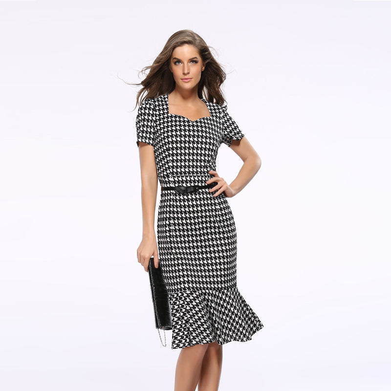 Houndstooth Slim package hip fishtail dress