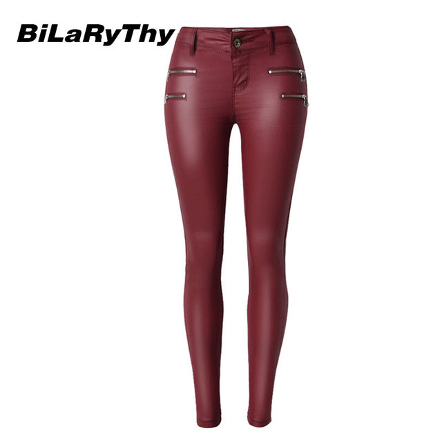 BiLaRyThy Fashion Women Sexy Wine Red Coated Jeans Low Waist Double Size Zippered PU Imitation Leather Skinny Pencil Pants