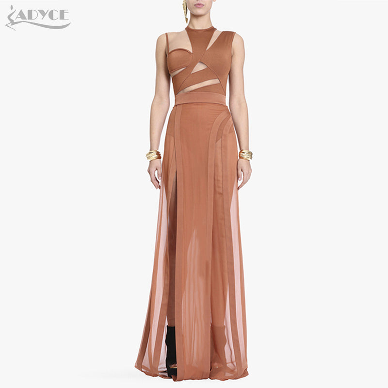 Adyce 2017 Hot New Women's Set Sexy Orange Black O Neck Sleeveless Mesh Set New Fashion Summer Maxi Dress 2 Pieces Set