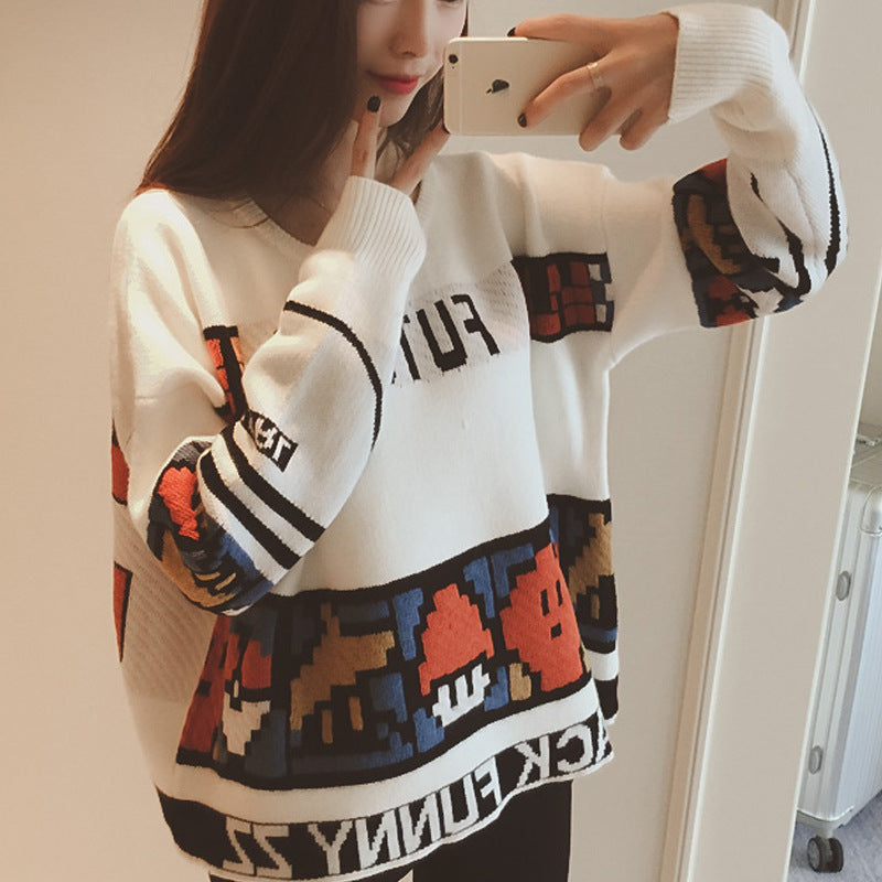 small fresh College Wind loose cartoon rabbit hair thick sweater female hedging