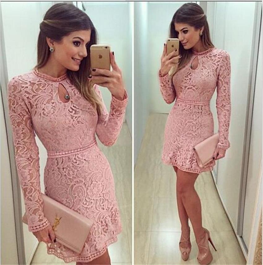 Sexy ladies hollow lace long-sleeved round neck dress women