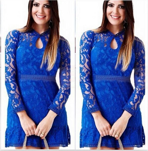 Sexy ladies hollow lace long-sleeved round neck dress women