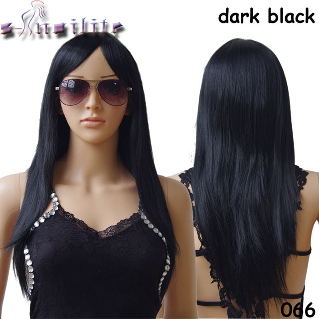 S-noilite 24" 100% Real Natural Silky Straight Wigs Heat Resistant Synthetic Wig Black Brown Blonde Grey Red Hair With Bangs
