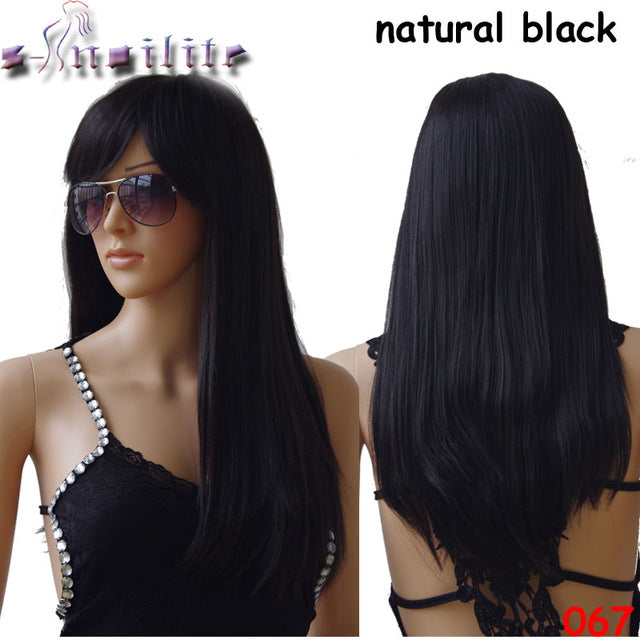 S-noilite 24" 100% Real Natural Silky Straight Wigs Heat Resistant Synthetic Wig Black Brown Blonde Grey Red Hair With Bangs