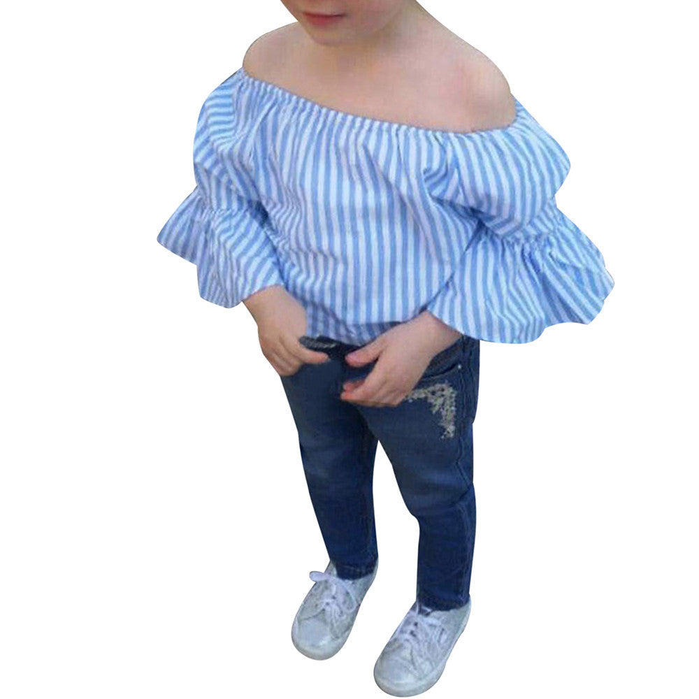 2 pieces set girls clothes set Toddler Baby Girl Off Shoulder Stripe T Shirt Top Jeans Pants