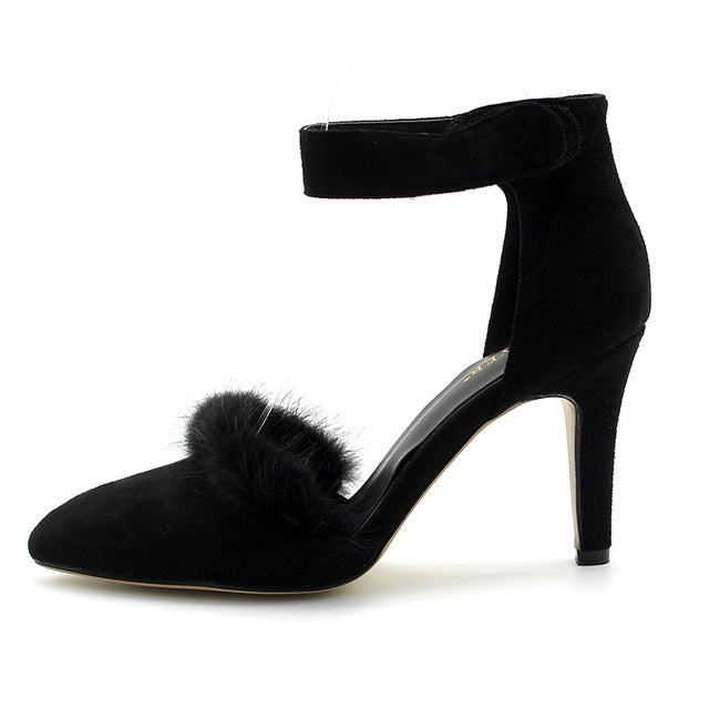 ENMAYER Fur Charms Shoes Woman High Heels Poined Toe Classic Black Office&Career Shoes Buckle Strap Office Lady Shoe Plus Size47