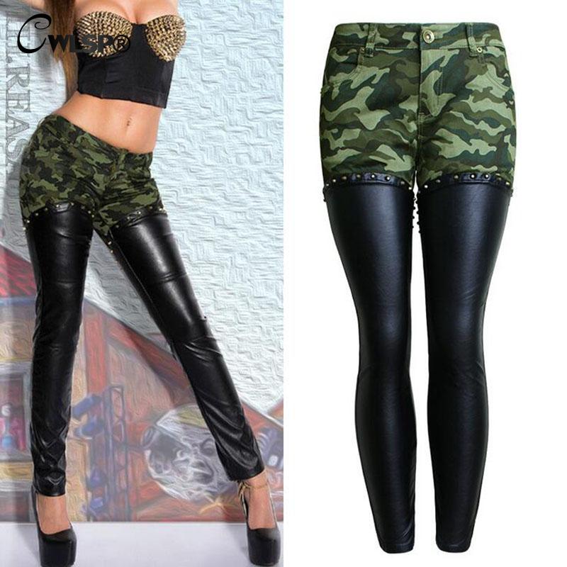 CWLSP 2017 Autumn Camouflage PU leather Patchwork Pencil Pants Women Back Zipper Boyfriend Style Jeans Female Trousers Bottom