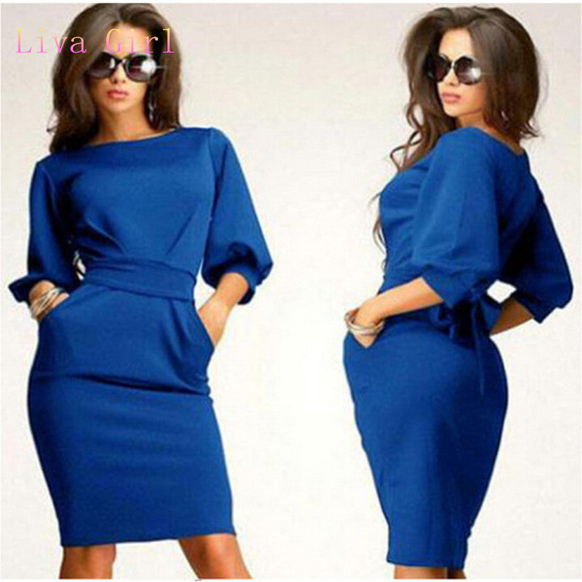 Collar sleeve belt package buttocks knee-length dress