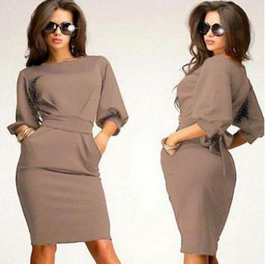 Collar sleeve belt package buttocks knee-length dress