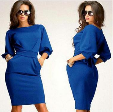 Collar sleeve belt package buttocks knee-length dress