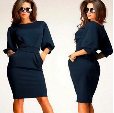 Collar sleeve belt package buttocks knee-length dress