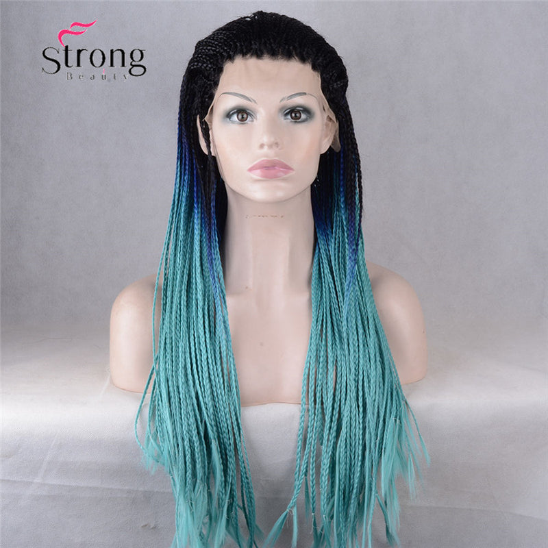 Ombre Blue Braiding Synthetic Lace Front Wig Straight Heat Resistant Hair Natural Black Roots wut Blue Big Box Braids Woman Wigs