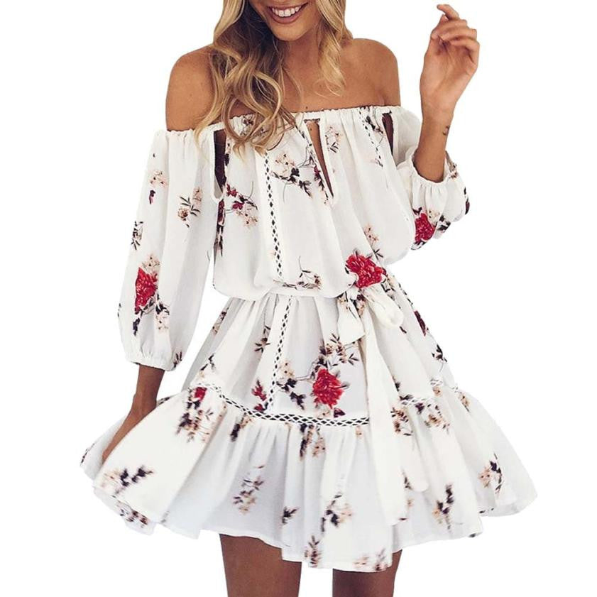 Fashion Floral print Summer Dress Womens Off Shoulder Sundress Three Quarter Sexy Slash Neck Party Beach Short Mini Dress