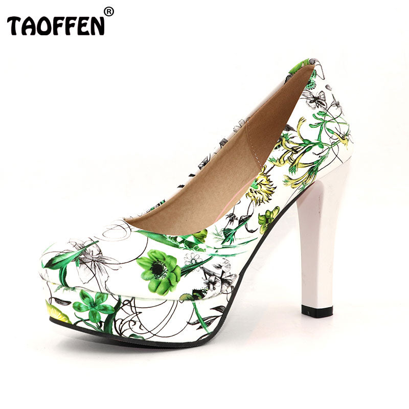 TAOFFEN Size 33-43 Lady High Heel Shoes Women Print Platform Heels Pumps Round Toe Party Club Lady Wedding Female Footwear