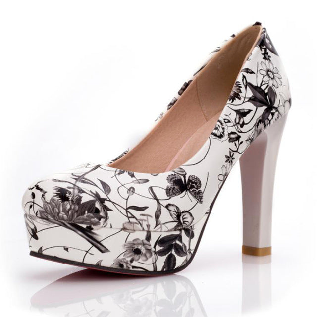 TAOFFEN Size 33-43 Lady High Heel Shoes Women Print Platform Heels Pumps Round Toe Party Club Lady Wedding Female Footwear