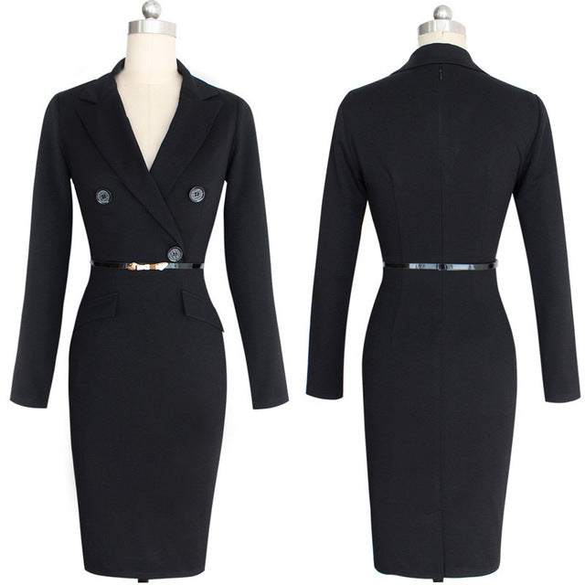 Women Dress Suit 2017 Ladies Evening Suits Autumn Dress Suits Slim Button Pocket Business Work Wear Black Elegant Party Dress