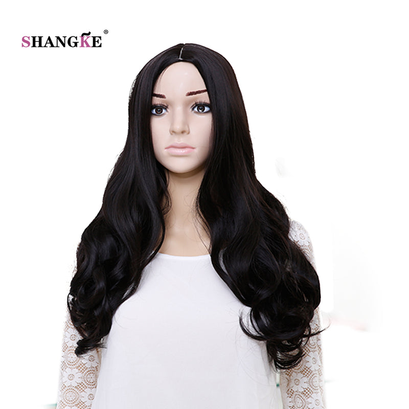 SHANGKE Hair 24'' Long Wavy Synthetic Wigs For Black Women Natural Black Wig Heat Resistant Synthetic Fake Hair Wig