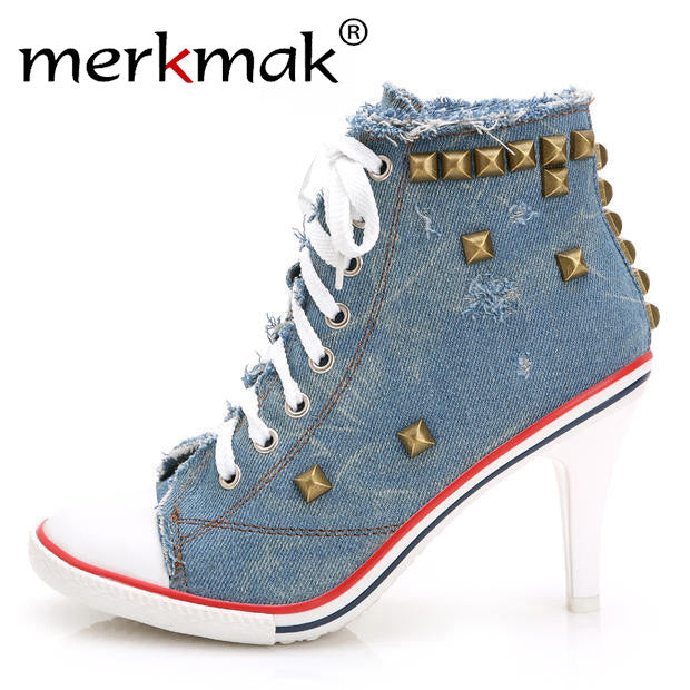 Spring And Autumn Canvas High Heels Rivet High Heel Canvas Shoes Women Denim Canvas