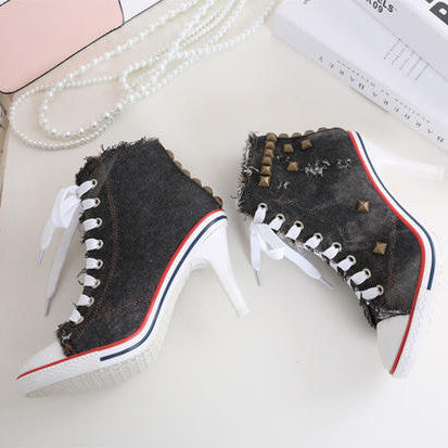 Spring And Autumn Canvas High Heels Rivet High Heel Canvas Shoes Women Denim Canvas