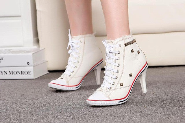 Spring And Autumn Canvas High Heels Rivet High Heel Canvas Shoes Women Denim Canvas