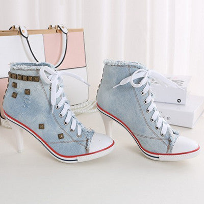 Spring And Autumn Canvas High Heels Rivet High Heel Canvas Shoes Women Denim Canvas