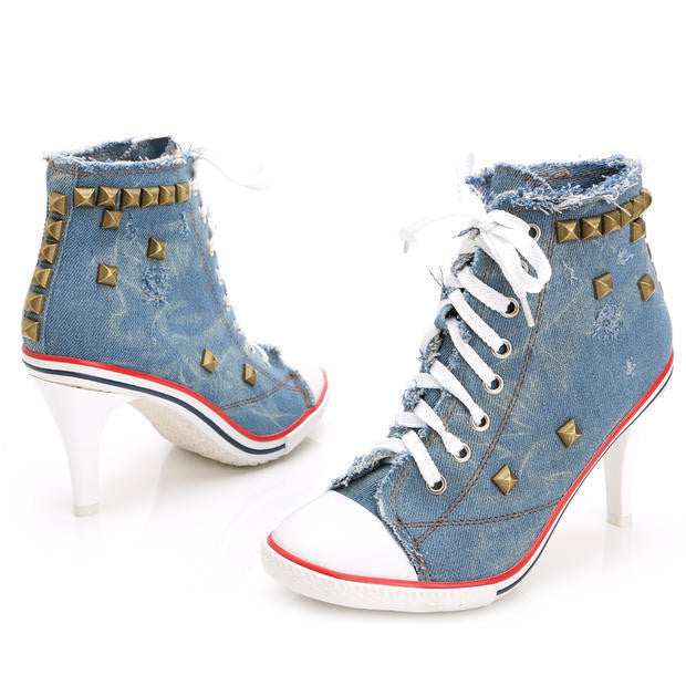 Spring And Autumn Canvas High Heels Rivet High Heel Canvas Shoes Women Denim Canvas