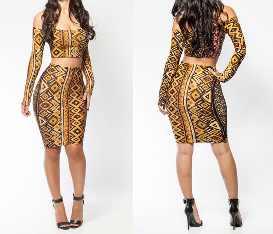 Digital Printing Sexy Two Piece Suits Gold Long Sleeve Dress Nightclub