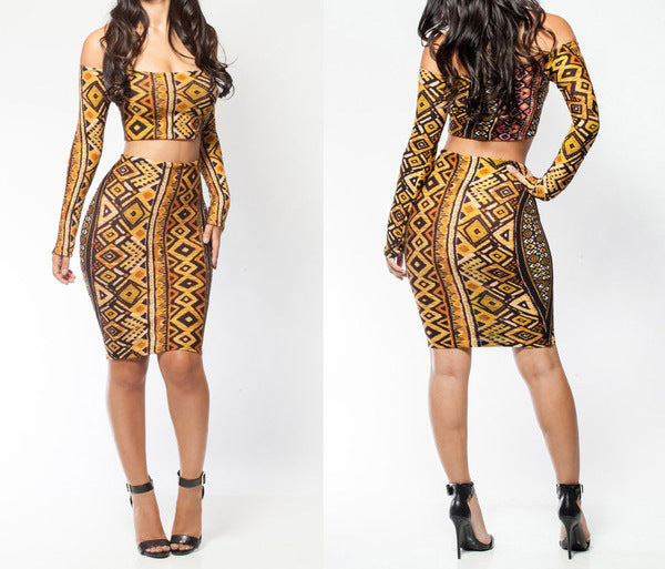 Sexy Two Piece Suits Gold Long Sleeve Dress Nightclub