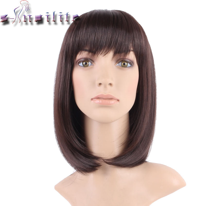 S-noilite 100% Real Natural 16inches 160g Silky Straight Dark brown Party BOB Hair Wig Synthetic Wigs with Bangs Full Head
