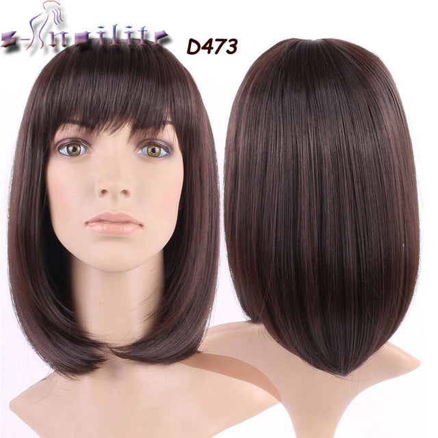 S-noilite 100% Real Natural 16inches 160g Silky Straight Dark brown Party BOB Hair Wig Synthetic Wigs with Bangs Full Head