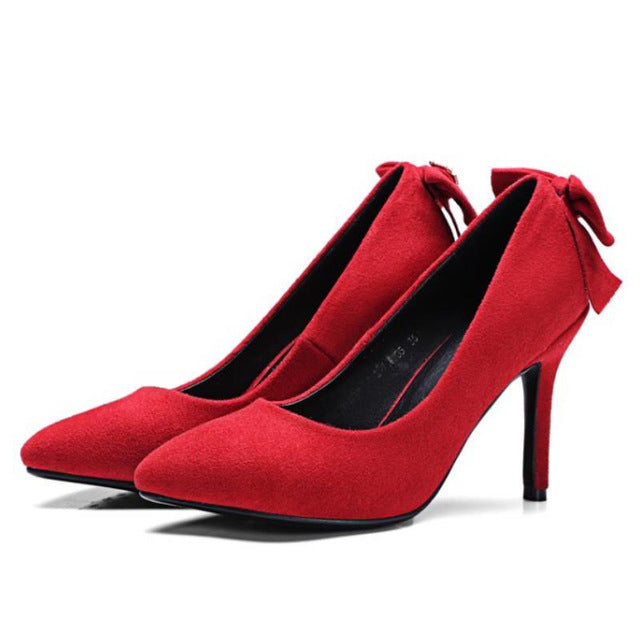 Size 32-42 Back Big Bowknot Pointed Toe High Heel Shoes Women Thin Heels Sexy Fashion Ladies Party Wedding Heeled Pumps Footwear