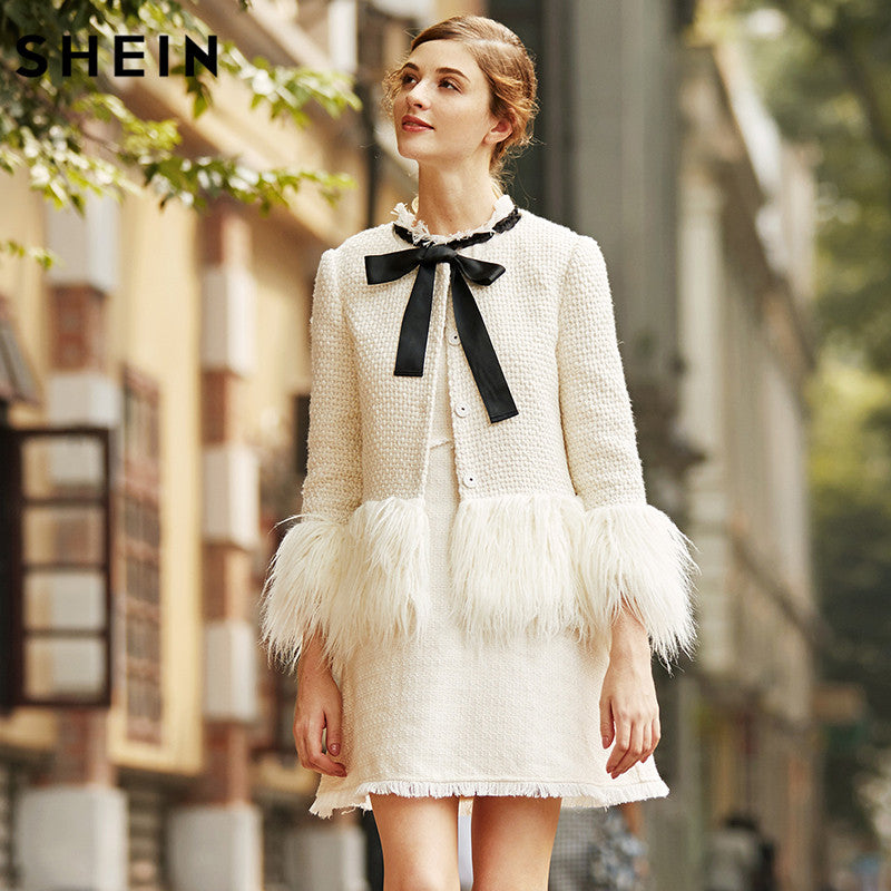 SHEIN White Faux Fur Trim Tweed Blazer 2017 New Winter Blazer for Woman Collarless Single Breasted Elegant Blazer