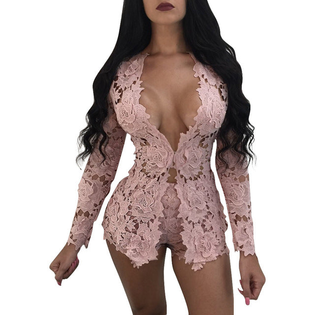 Solid Lace Two Pieces Set Women Summer Set Sexy V-Neck Patchwork Hollow Out Female Blouse Club Wear
