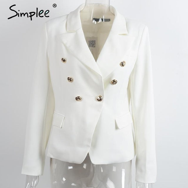 Simplee Autumn OL double breasted white blazer Women coat elegant slim suit blazer Black cool winter outwear short jacket
