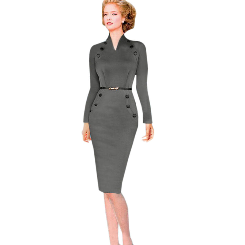 Women Military Dress Button V Neck Pencil Bodycon Dress With Long Sleeves Plus Size Work Office Dress