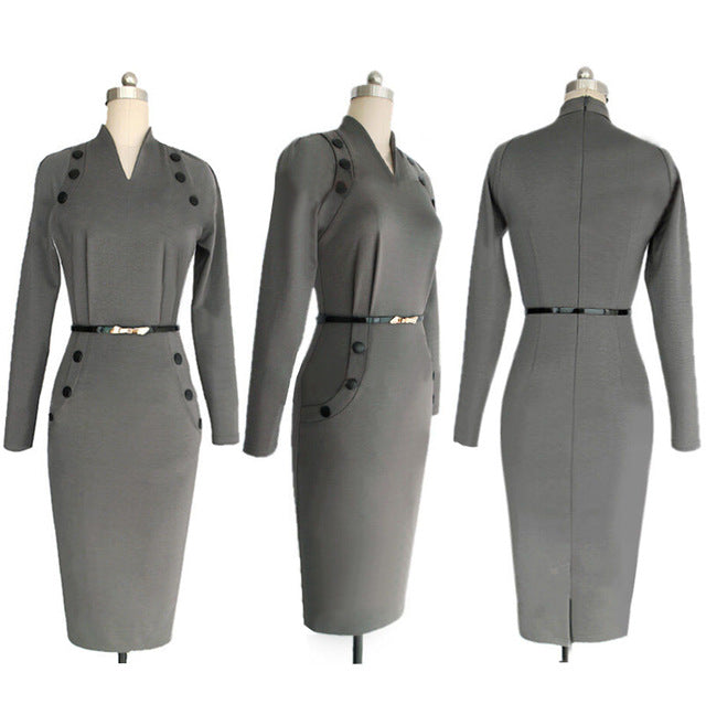 Women Military Dress Button V Neck Pencil Bodycon Dress With Long Sleeves Plus Size Work Office Dress