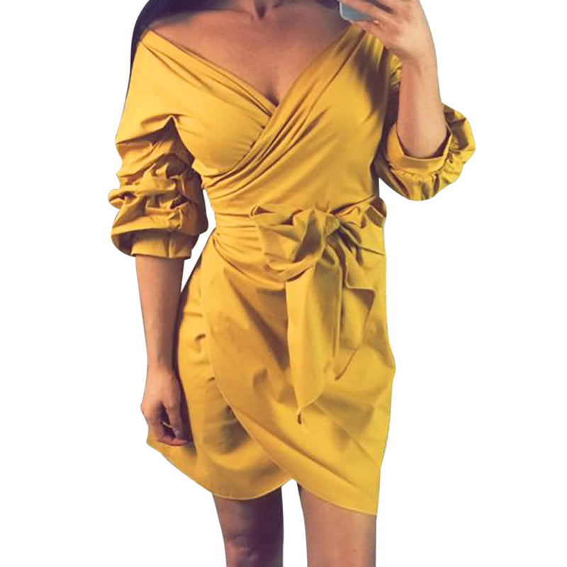 Women Yellow Dress Mini Casual Beach Three Quarter Evening Party Puff Sleeve Sexy Deep V Neck Sundress With Sashes