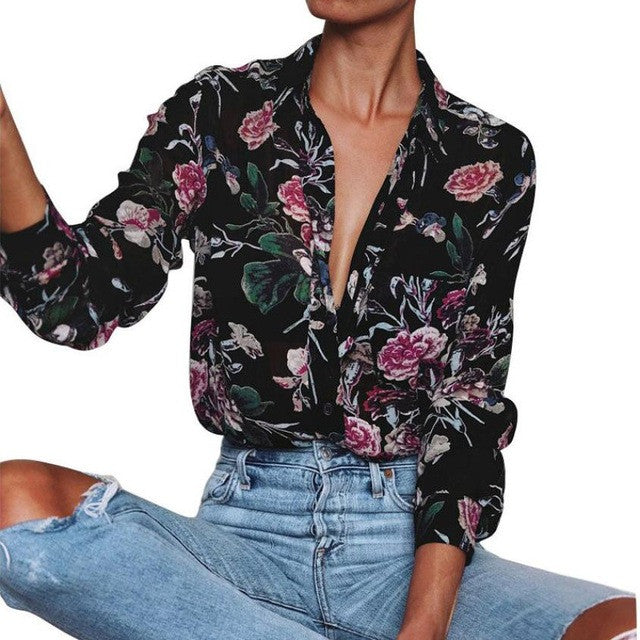 Unisex Women Long Sleeve Turn Down Neck Floral Printed Casual Multicolor Blouse Tops Female Clothes blusas mujer