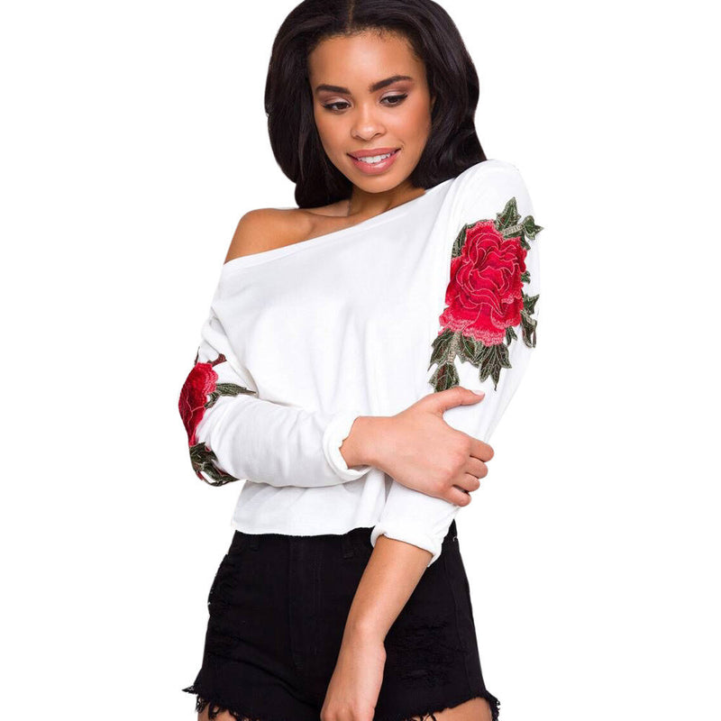 Sexy Off Shoulder Blouse Women Appliques Floral Loose Long Sleeve White Tops 2017 Autumn Blusas Shirt Blouse Broderie