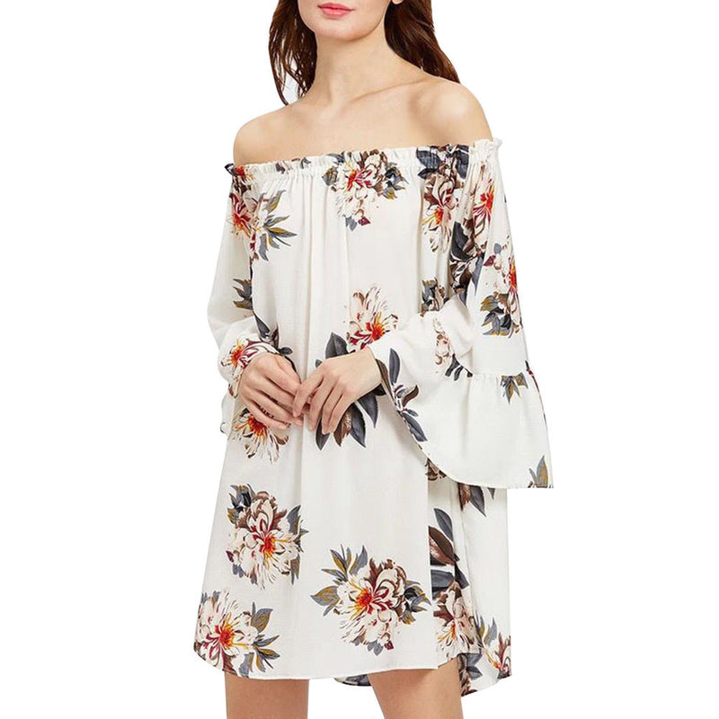 Butterfly Off Shoulder Autumn Dresses Women Casual Long Sleeve Printed Chiffon A-Line Dress