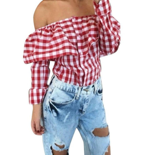 Sexy Off Shoulder Autumn Blouse Women Plaid Top Long Sleeve Blouse Ladies Casual Tops White Red Pink Shirt