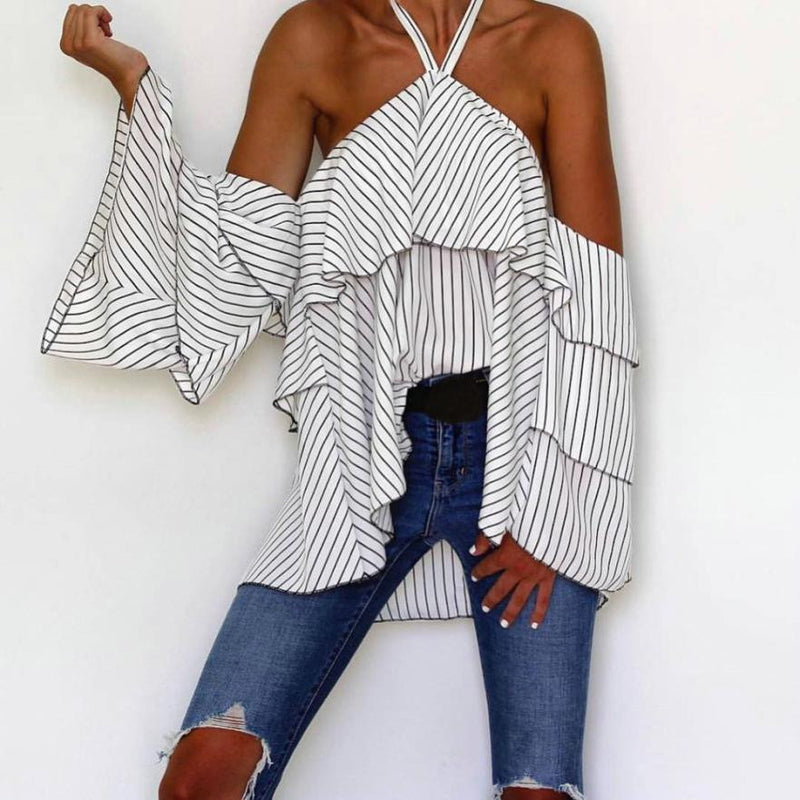 Sexy Hanging Neck Off Shoulder Ladies Casual Striped Shirt