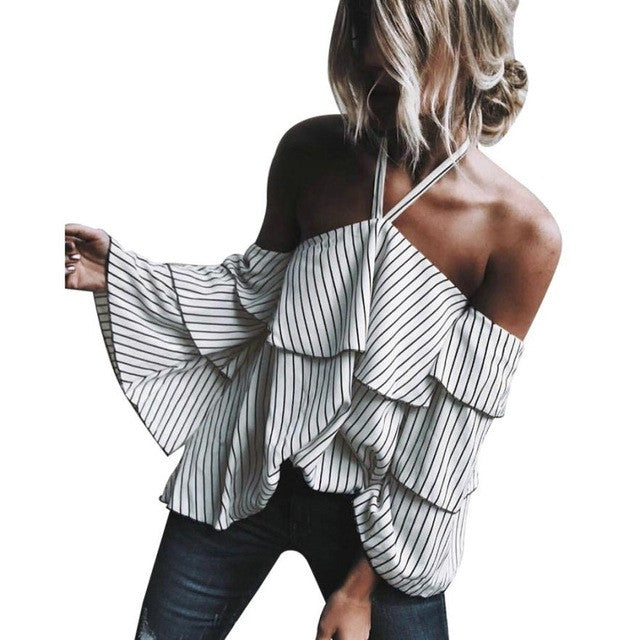 Sexy Hanging Neck Off Shoulder Ladies Casual Striped Shirt