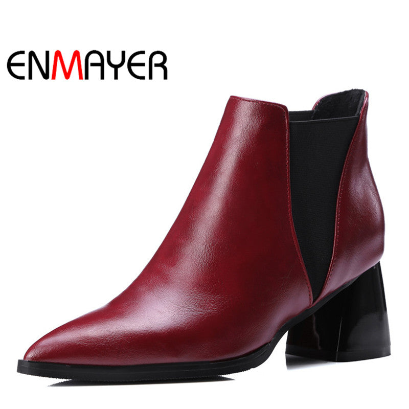 ENMAYER Autumn Winter Women's Boots Warm Shoes Slip-on Shallow Pointed Toe High Heel Ankle Boots for Lady Large Size 34-47