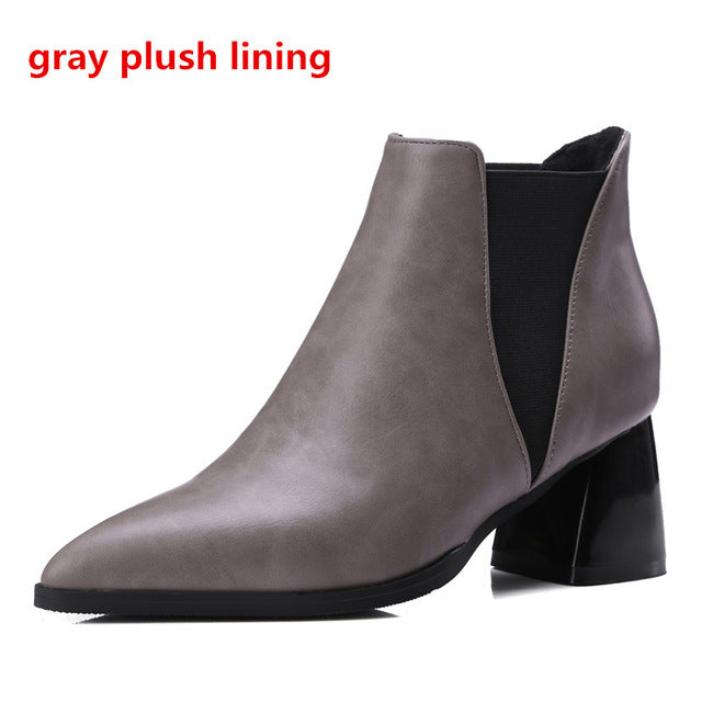 ENMAYER Autumn Winter Women's Boots Warm Shoes Slip-on Shallow Pointed Toe High Heel Ankle Boots for Lady Large Size 34-47