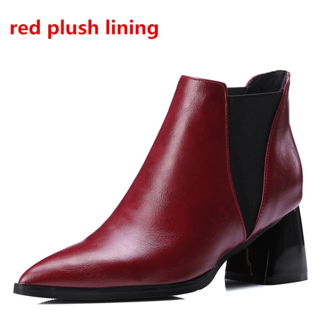 ENMAYER Autumn Winter Women's Boots Warm Shoes Slip-on Shallow Pointed Toe High Heel Ankle Boots for Lady Large Size 34-47
