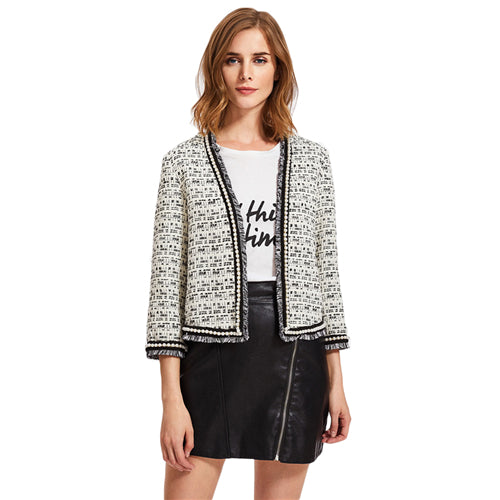 SHEIN Pearl Beaded Frayed Edge Tweed Blazer Fall 2017 Fashion Womens Collarless Work Wear Elegant Fitted Blazers